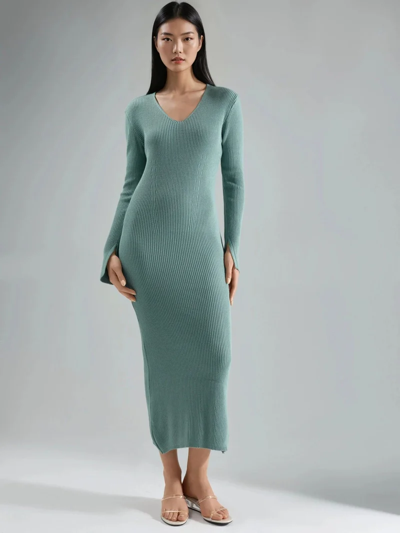 MY FASHION Mint Green MY FASHION V-Neck Textured Maxi Knit Dress with Slit for Women | Best Price UAE
